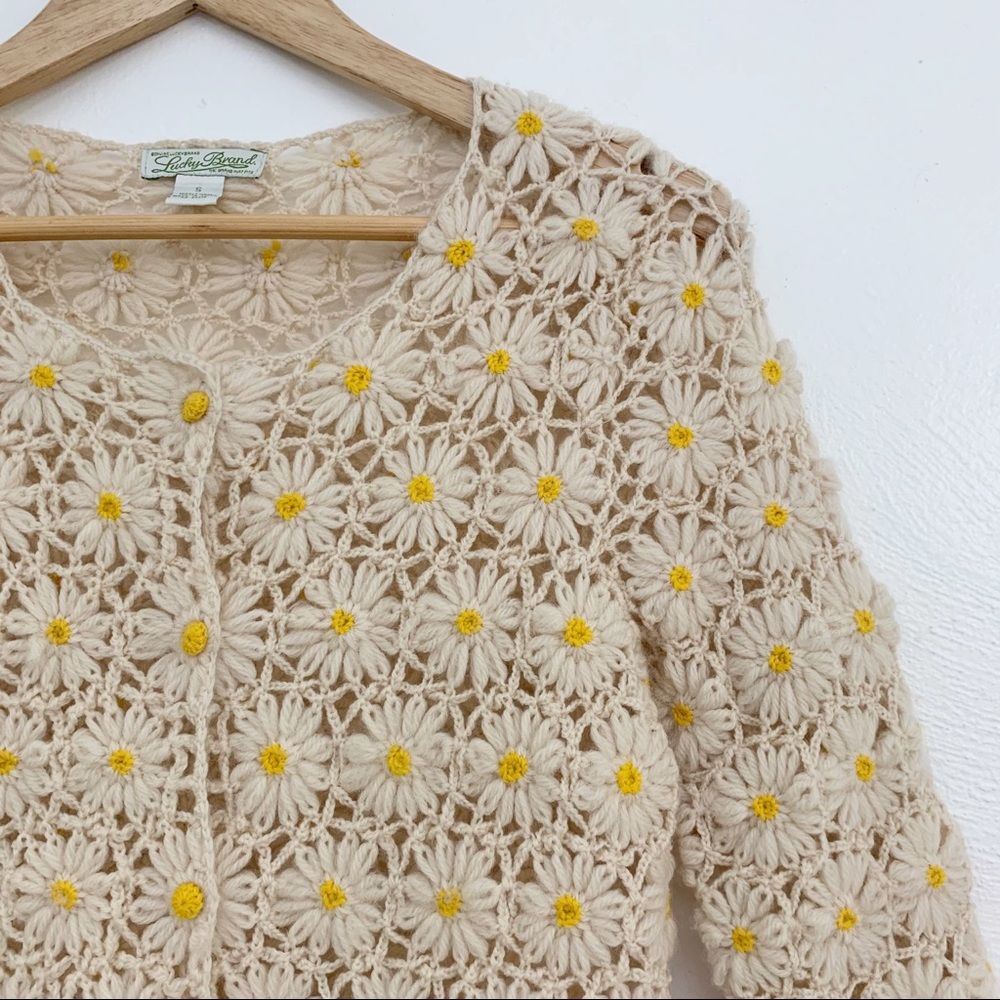 SOLD Vintage Knit Crochet Daisy Cardigan Sweater - Picture 9 of 13